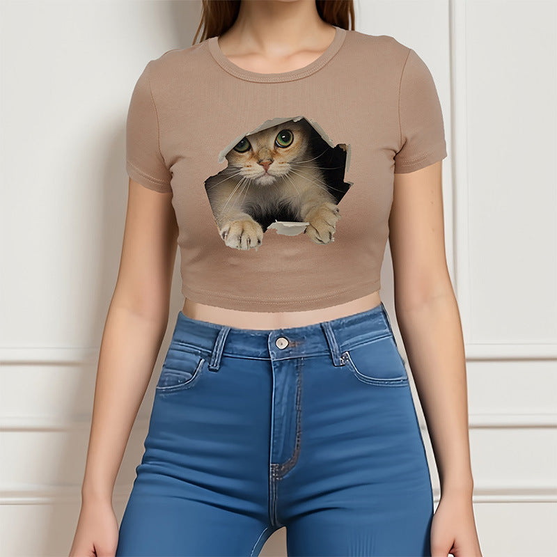 2024110409 Kitten print crew-neck slim-fit crop tight T-shirt short sleeve short top