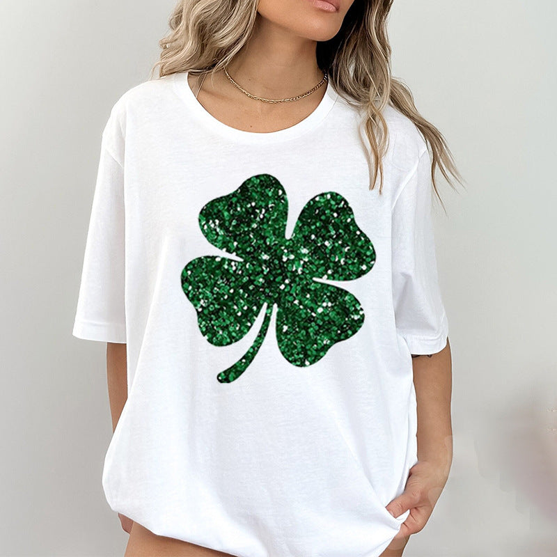 2024061034 Round neck clover print short sleeve T-shirt loose top