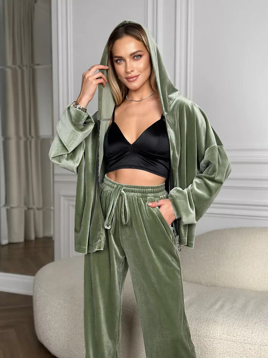 2024060848 Velvet hoodie sportswear zipper hooded solid color two-piece set