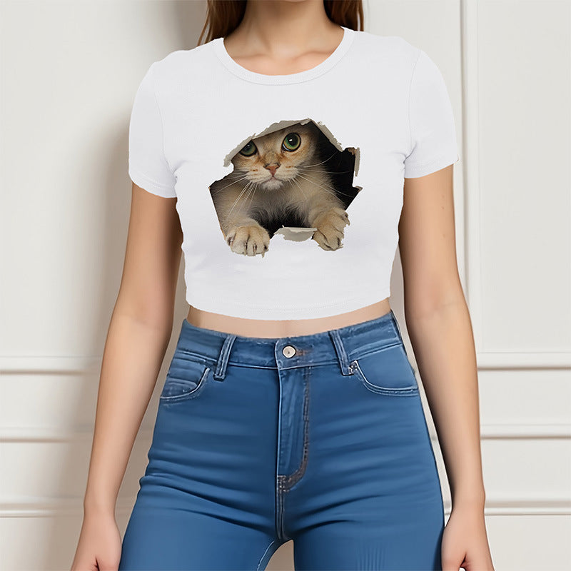 2024110409 Kitten print crew-neck slim-fit crop tight T-shirt short sleeve short top