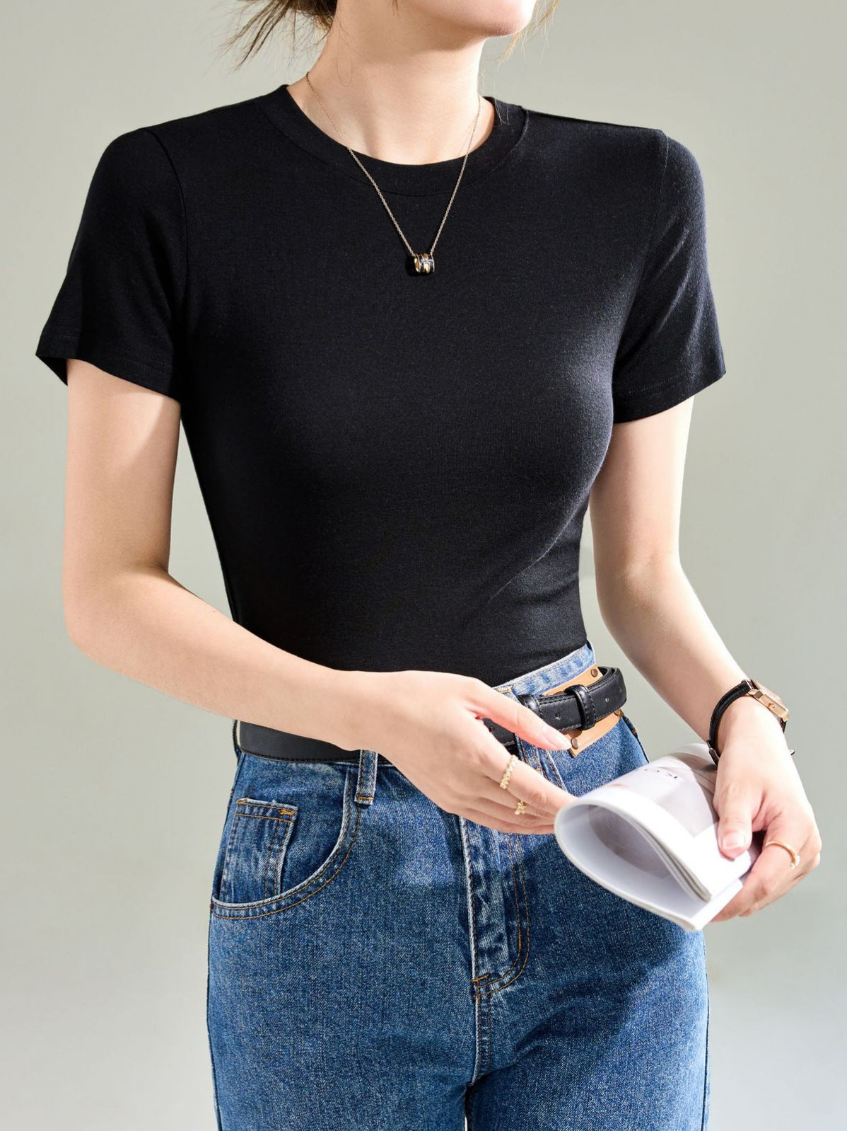 2024061033 Wool Tencel round neck shoulder T-shirt