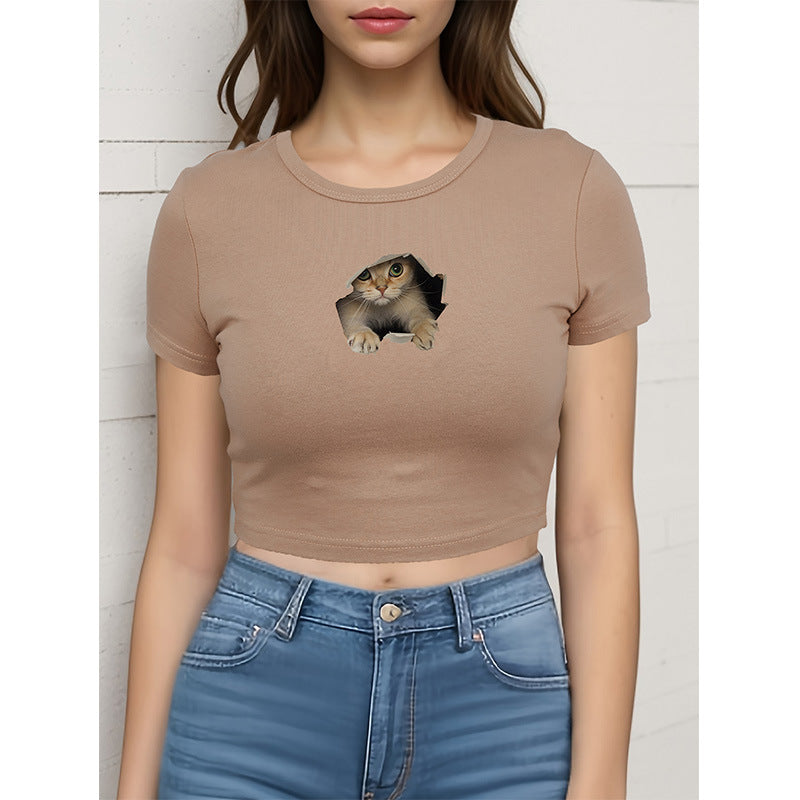 2024110409 Kitten print crew-neck slim-fit crop tight T-shirt short sleeve short top